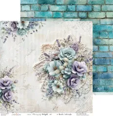 Musterpapier mit Blumenstrauß auf Spitzendeckchen und Eckblüte im 30,5cm-Format