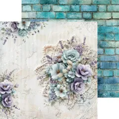 Musterpapier mit Blumenstrauß auf Spitzendeckchen und Eckblüte im 20,3cm-Format