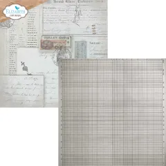 Musterseite mit Aktienzertifikat, Briefmarken und feinem Rasterpapier