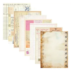 Sieben Musterseiten mit Adressformularen, handschriftlichen Briefen und rosa Rechnungsvordrucken.