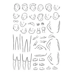 Nahaufnahme des Stempelbogens mit austauschbaren Gesichtern, Frisuren, Mützen, Bart und Beinen für den Illustrated Man.