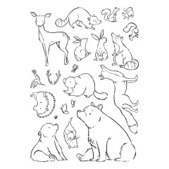 Nahaufnahme des Stempelbogens mit Reh, Waschbär, Eichhörnchen, Hasen, Fuchs, Biber, Igel und Bären.