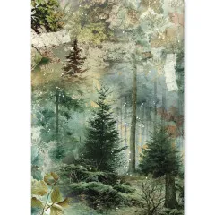 Reispapier-Bogen mit nebligem Nadelwald und Tannen im Design The Nature Journal