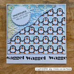 Quadratische Karte mit kolorierten Pinguinen, Schneeflocken und Waggel-Schriftzug