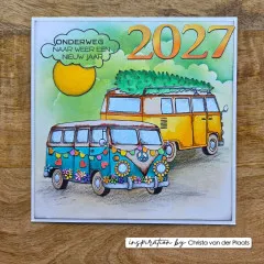Neujahrskarte mit zwei gestempelten Bussen, Tannenbaum, Sonne und Jahreszahl 2027