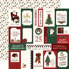 Designpapier mit Nikolaus, Hirsch, Weihnachtsbäumen und weihnachtlichen Grußtexten auf cremefarbenem Untergrund mit Tannenzweig-Bordüre