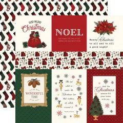 Papier mit Nikolaus-Figuren, Geschenktüten, Weihnachtssocken und Grußsprüchen auf cremefarbenem Hintergrund mit Tannenzweig-Muster oben