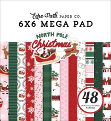 Verpackungsvorderseite des Echo Park 6x6 Cardmakers Mega Pads „North Pole Christmas” mit gestapelten Musterpapieren in Santa- und Rentier-Motiven