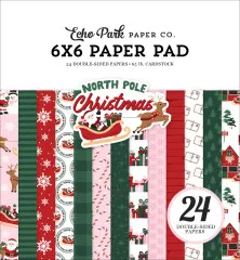 Verpackungsvorderseite des Echo Park 6x6 Paper Pads „North Pole Christmas” mit gestapelten Musterpapieren in Santa- und Rentier-Motiven