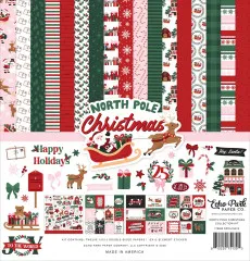 Kollektionsübersicht des 12x12 Collection Kits „North Pole Christmas” mit allen 12 Designpapieren, Stickerbogen und Artikelnummer NPC515016