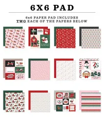 Übersicht aller 12 Bogen-Designs des 6x6 Paper Pads „North Pole Christmas” – u. a. Santa-Schlitten, Geschenke, Karo und Journaling-Karten