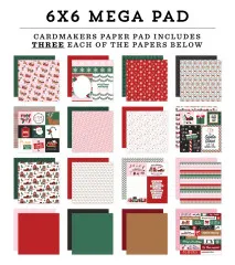 Übersicht aller 16 Bogen-Designs des 6x6 Cardmakers Mega Pads „North Pole Christmas” – u. a. Santa-Schlitten, Karo, Schneeflocken und Journaling-Karten