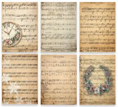Sechs verschiedene Vintage-Notenblatt-Motive: Uhr mit Poinsettien, 'Für Elise', beschneite Notenblätter, 'Waltz in A Minor' und Weihnachtskranz.