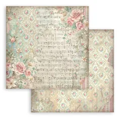 Designpapier mit Notenblatt-Motiv umrahmt von rosa Rosen auf Damasthintergrund