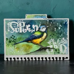 Notizbuch-Einband gestaltet mit blauem Singvogel Stempel
