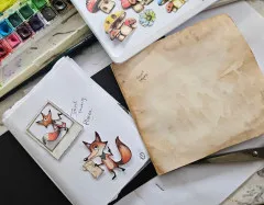 Handgefertigtes Notizbuch dekoriert mit Fuchs Ephemera Stanzteil und Aquarellfarben