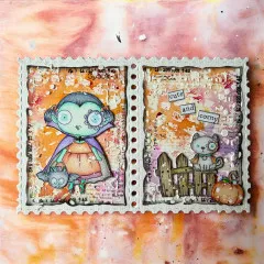 Zwei-seitiges Notizbuch-Spread mit gestempelter Hexe links und Katze rechts mit Text 'cute and corny' auf Vintage-Hintergrund