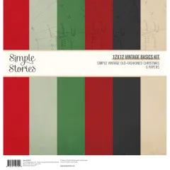 Verpackung des Simple Stories 12x12 Vintage Basics Kits Old-Fashioned Christmas mit sechs Cardstock-Bögen im Vintage-Landkarten-Design in Rot und Grün