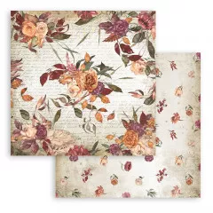 Scrapbooking Papier mit großflächigen Blumenmustern in Wein-, Pfirsich- und Cremetönen, floraler Schriftzug