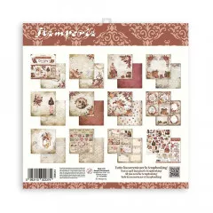 Rückseite des Stamperia Our Way Scrapbooking Pads, zeigt alle 10 Designs des Packs in Übersicht mit Produktetikett