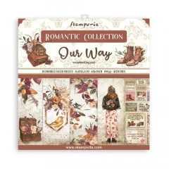 Stamperia Our Way Scrapbooking Paper Pad mit 10 beidseitig bedruckten Blättern, 15,2x15,2cm, Romantic Collection mit Blüten, Vintage-Koffern und Stiefeln