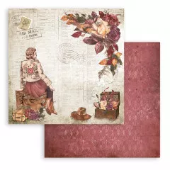 Scrapbooking Pad mit Reisemotiven, Frau in schwarzer Jacke, Flugticket, Postmark und Blumenbordüren
