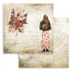 Scrapbooking Papier mit dekorativen Blütenbordüren, Hut, Kamera und Vintage Reisemotiven, handschriftliche Texturen