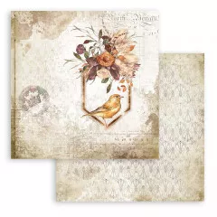 Scrapbooking Papier mit Vogel unter Blütenbogen, Vintage Stempel, alte Schrift und dekorativem Muster