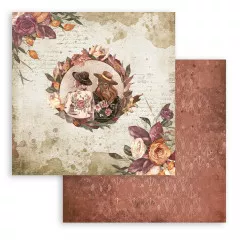 Doppelseitiges Scrapbooking Papier mit symmetrischen Blütenkranz-Bordüren, Hutboxen, Stiefel und Vintage-Elementen