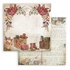 Doppelseitiges Scrapbooking Papier mit Vintage Blüten-Bordüren, Koffer, Hut und floralen Ranken in Bordeaux und Gold