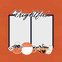 Scrapbooking-Beispielseite mit zwei Fotorahmen, dekoriert mit den Page Pieces „Frightful Fun" auf orangefarbenem Punktehintergrund.