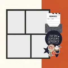 Scrapbooking-Beispielseite mit vier Fotorahmen und den Page Pieces „Frightful Fun", inklusive Memories-Karte und Notizzettel.