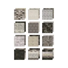 Übersicht aller 12 doppelseitig bedruckten Musterpapiere der Palette Collection Charcoal im 8x8-Format.