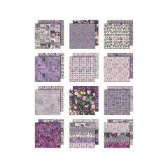 Übersicht aller 12 doppelseitig bedruckten Musterpapiere der Palette Collection Purple im 8x8-Format.