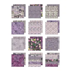 Übersicht aller 12 doppelseitig bedruckten Musterpapiere der Palette Collection Purple.