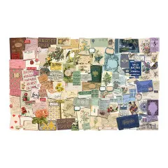 Ausgebreitete Ephemera-Schnipsel der Palette-Serie mit Vintage-Motiven wie Teetasse, Quittungen und Etiketten.