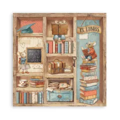Holzregal mit Büchern, Mäusen, Schreibtafel, Koffer, Tasse und Ex Libris Aufschrift