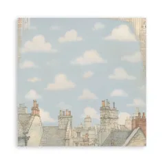 Designpapier mit Himmel-Wolken-Hintergrund und Dachkante mit Schornsteinen am unteren Rand