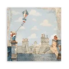 Einzelnes Designpapier mit Maus, die einen Drachen über einer Dachlandschaft mit Schornsteinen fliegt