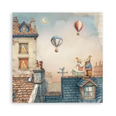 Romantische Nachtszene mit zwei Mäusen auf Dach, Mond, Luftballons und beleuchteter Häuserfassade