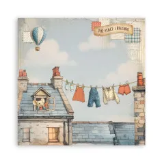 Dachlandschaft mit Maus im Fenster, Wäscheleine mit Kleidung und Luftballons im Himmel