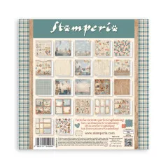 Rückseite des Stamperia Family Paper Pads mit Übersicht aller 22 Designmotive in einer Grid-Anordnung