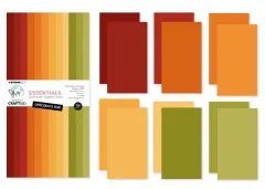 Papierblock Unicolors Fall neben einzelnen Bögen in Rot, Orange, Gelb und Grüntönen