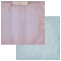 Doppelseitiges 12x12-Papier im Aktendeckel-Design mit lavendelfarbenem Vintage-Look, Rückseite hellblau einfarbig.