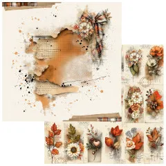 Papier mit Farbklecksen und Schleife, Rückseite mit Herbstblumen-Karten zum Ausschneiden