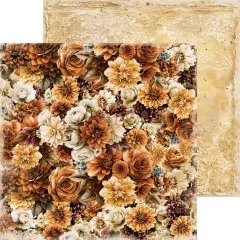 Vollflächiges Muster aus dicht gedrängten herbstlichen Blumen und Rosen.