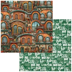 Papier mit Backstein-Fassaden, Rückseite mit Ho-Ho-Schrift auf Grün