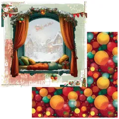 Papier mit Fenster, Vorhängen und Schlitten am Himmel, Rückseite mit Christbaumkugeln