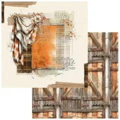 Papier mit Kariertuch und orangem Collage-Feld, Rückseite mit Scheunentor aus Holz