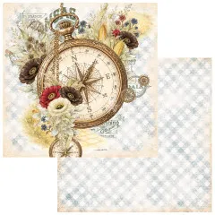 Papier mit Kompass, Mohn und Mais, Rückseite mit hellblauem Karomuster